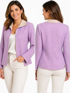 Harve Benard Pink Wool Blend Open Front Jacket Contrast Collar Size 8